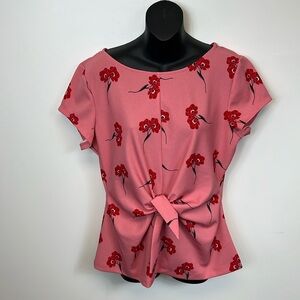 Ann Taylor Factory Pink Red Floral Summer Shirt Top Blouse Short Sleeve Large